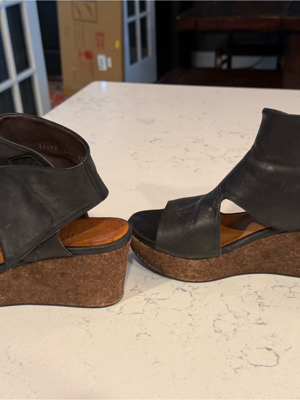 Black Leather Cork Wedge Sandals for Women